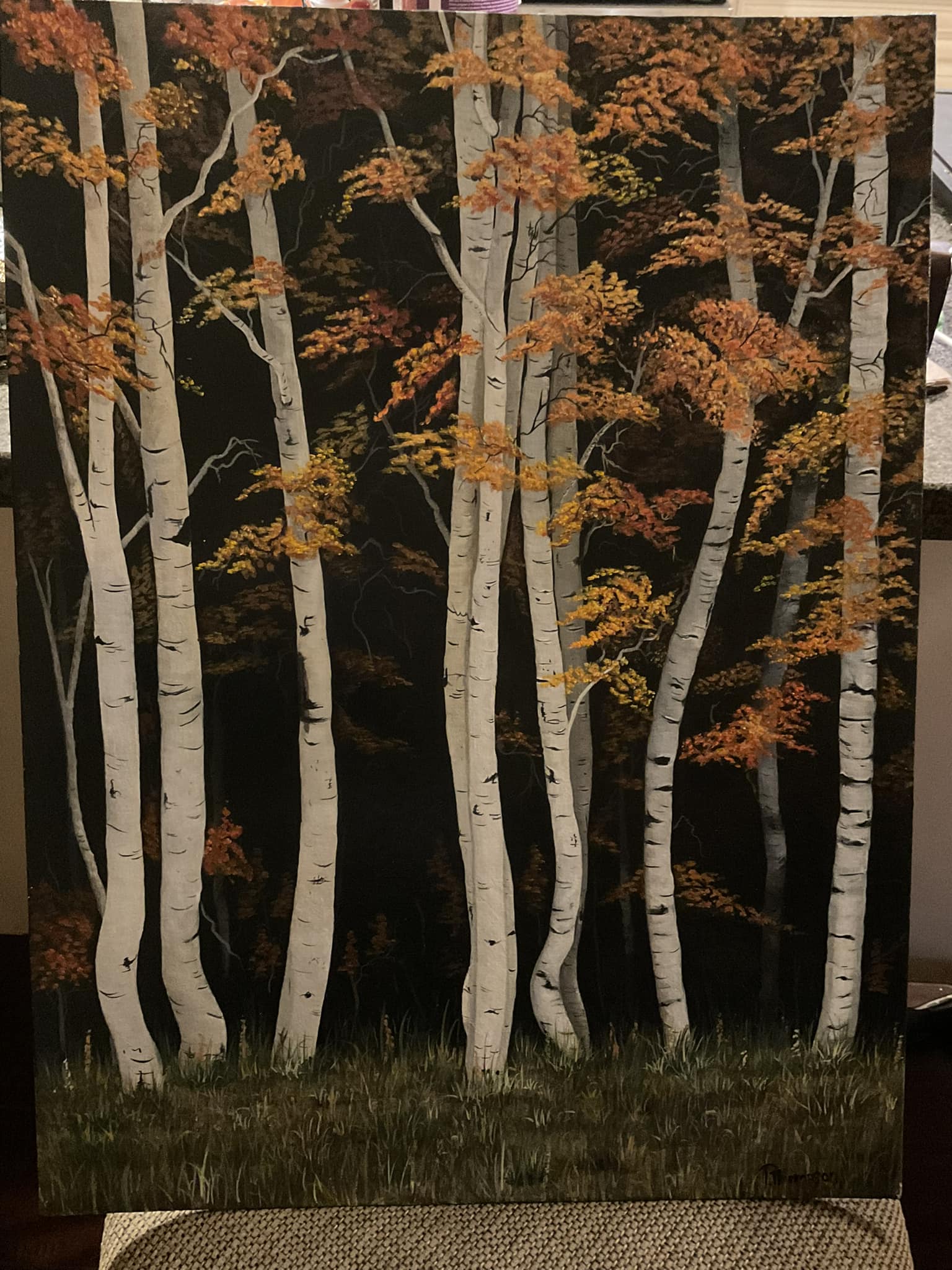 Mystery in the Trees — white aspens against a dark forest, acrylic painting
