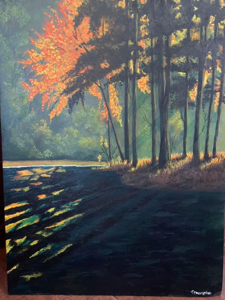 Stained Glass — autumn trees at the water's edge